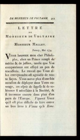 Lettre de Monsieur de Voltaire a Monsieur Mallet.