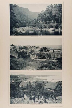 Im Bodethal im Harz", "Die Stadt Gudhjem auf Bornholm" und "Fischerdorf auf Bornholm" aus der Mappe "Malerische Bilder