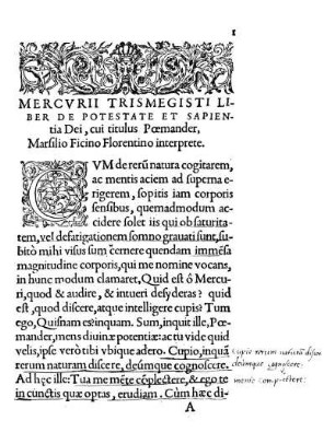 Mercurii Trismegisti Liber De Potestate Et Sapientia Dei, cui titulus Pœmander, Marsilio Ficino Florentino interprete