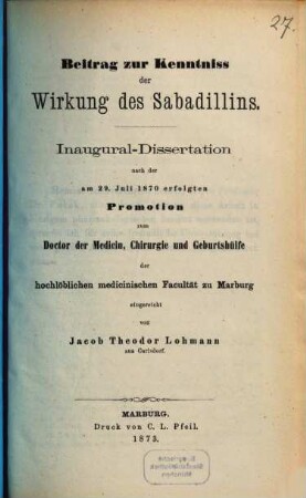 Beitrag zur Kenntniss der Wirkung des Sabadillins : Inaugural-Dissertation