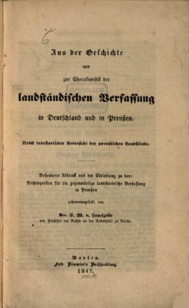 Aus der Geschichte und zur Charakteristik der landständischen Verfassung in Deutschland und in Preußen