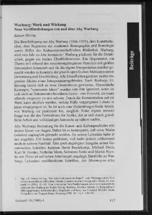Warburg: Werk und Wirkung. Neue Veröffentlichungen von und über Aby Warburg