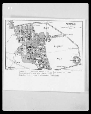 Pompeji, Plan der römischen Stadt mit den Ausgrabungen bis 1908