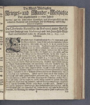 Die Merck-Würdigsten Krieges- und Wunder-Geschichte Des abgewichenen 1707ten Jahrs/