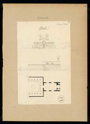 Waldkapelle Monatskonkurrenz Dezember 1827: Grundriss, Aufriss Eingangsseite, Seitenansicht; Maßstabsleiste