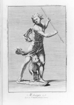 Lindemann, Christian Philipp (Stecher) und Werner, Anna Maria (Zeichnerin) nach Balestra, Pietro (Bildhauer): Meleagre, Abb. 211. Kupferstich; 398 x 255 mm (Plattenrand). Aus: Leplat, Raymond: Recueil des marbes antiques qui se trouvent dans la Galerie du Roy de Pologne à Dresden avec privilege du roy, l'année 1733. Dresden: Stössel, 1733. Dresden: SLUB 31.gr.2.1