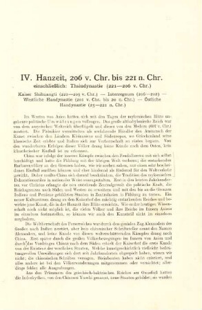 IV. Hanzeit, 206 v. Chr. bis 221 n. Chr. einschließlich: Thsindynastie (221-206 v. Chr.)