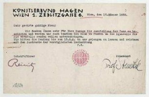 Brief des Künstlerbundes Hagen an Hannah Höch. Wien. Briefkopf: "Künstlerbund Hagen [...]", mit Stempel