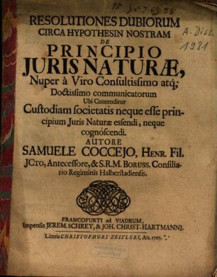 Resolutiones Dubiorum Circa Hypothesin Nostram De Principio Juris Naturae ...