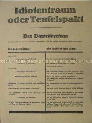 Propagandaflugblatt der NSDAP zur Reichstagswahl 1928 mit scharfer Polemik gegen den Dawes-Plan und Gustav Stresemann
