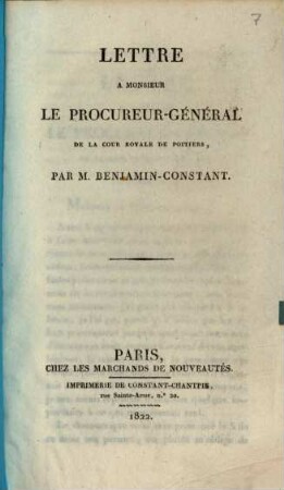 Lettre à Monsieur le procureur-général de la cour royale de Poitiers