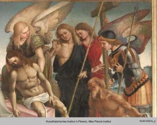 Kreuzabnahme Christi mit Engeln und Heiligen