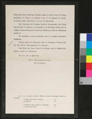 Reglement zur feierlichen Beisetzung der sterblichen Hülle Ihrer Majestät der Kaiserin und Königin Auguste Viktoria im Mausoleum beim Neuen Palais am 19.04.1921