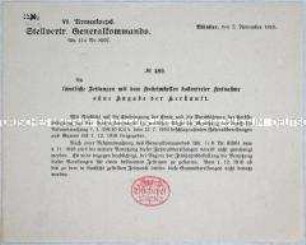 Rundschreiben des stellvertretenden Generalkommandos des VII. Armeekorps an die Presse zur Genehmigung von Fahrradbereifungen