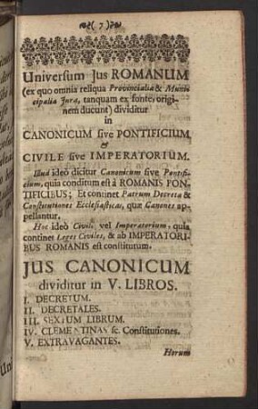 Jus Canonicum dividitur in V. Libros.