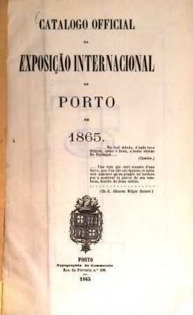 Catalogo official da exposição internacional do Porto em 1865