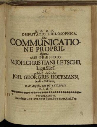 Disputatio Philosophica, De Communicatione Proprii