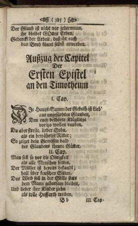 Außzug der Capitel Der Ersten Epistel an den Timotheum