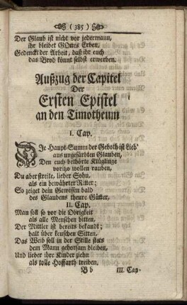Außzug der Capitel Der Ersten Epistel an den Timotheum