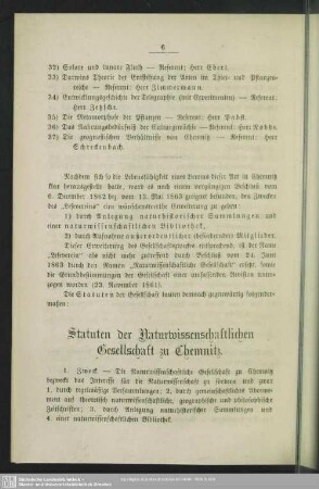 Statuten der Naturwissenschaftlichen Gesellschaft zu Chemnitz