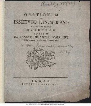 Orationem Ex Instituto Lynckeriano : An. MDCCLXVII Habendam