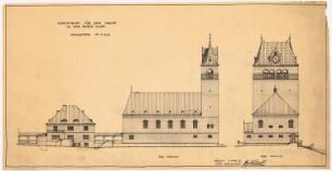 Kirche mit Pfarrhaus, Berlin-Charlottenburg: Aufriss Westansicht und Südansicht 1:200
