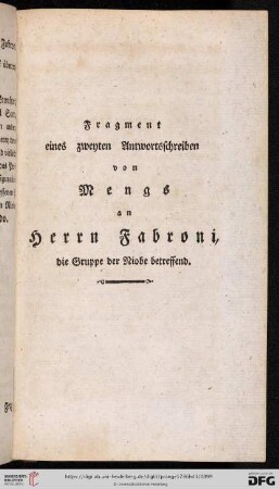Fragment eines zweyten Antwortsschreiben von Mengs an Herrn Fabroni, die Gruppe der Niobe betreffend