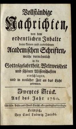 Zweytes Stück. Auf das Jahr 1760
