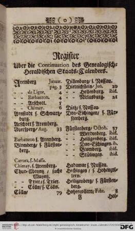 Register über die Continuation des Genealogischen-Heraldischen Staats-Caöenders