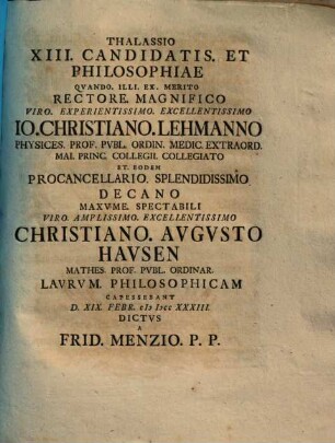 Thalassio XIII Candidatis Et Philosophiae Quando Illi ... Laurum Philosophicam Capessebant ...