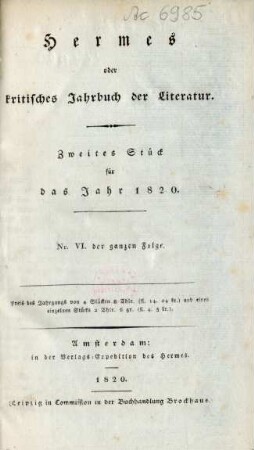 Nr. 6 der ganzen Folge (1820): Hermes oder kritisches Jahrbuch der Literatur