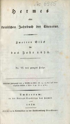 Nr. 6 der ganzen Folge (1820): Hermes oder kritisches Jahrbuch der Literatur