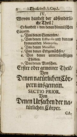 Sectio Prior. Von Denen Ursachen der natürlichen Cörper.
