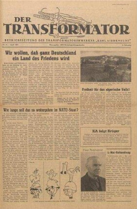 TRO-Betriebszeitung 'Der Transformator'; Nr. 14/1957 (April 1957)