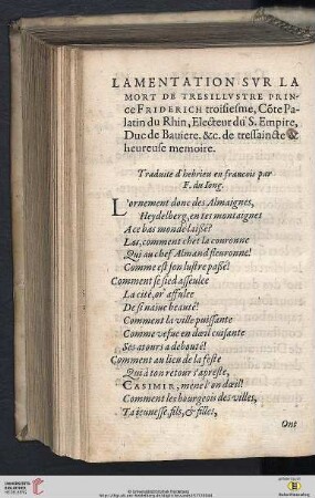 Lamentation sur la mort de tresillustre Prince Friderich troisiesme