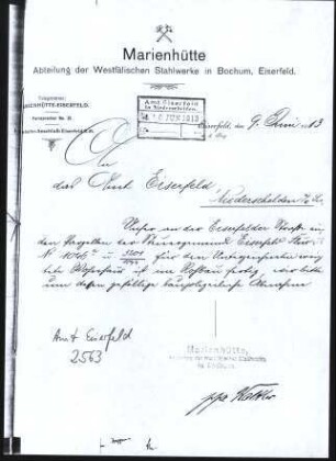 Firmenbriefkopf Marienhütte, Abt. der Westfälischen Stahlwerke in Bochum, Eiserfeld