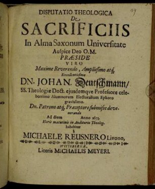 Disputatio Theologica De Sacrificiis