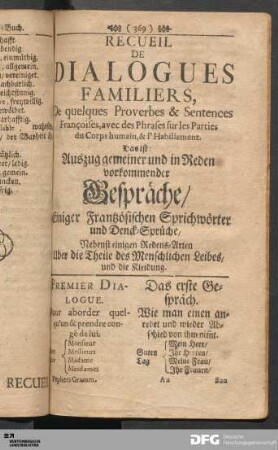 Recueil De Dialogues Familiers ... Das ist: Auszug gemeiner und in Reden vorkommender Gespräche...