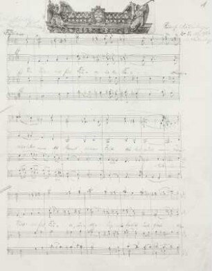 Mauersberger, Rudolf: Kreuzkirche für Knabenchor auf Text von Kurt Arnold Findeisen, 1947. (Kreuzkirche RMWV 4,6). Partitur, bezeichnet "3.-5. Aug. 1947 in Mauersberg". Autograph mit aufgeklebter Druckvignette; 33,2 x 26,5 cm. Seite 1. Dresden: SLUB Mus.11302-C-500