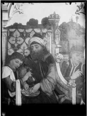 Tiefenbronn Katholische Kirche Sankt Maria Magdalena Hochaltar (1469) von Hans Schüchlin Schrein geöffnet - linker Innenflügel oberer Teil Christus vor Pilatus Pilatus