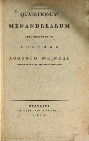 Quaestionum Menandrearum Specimen I.