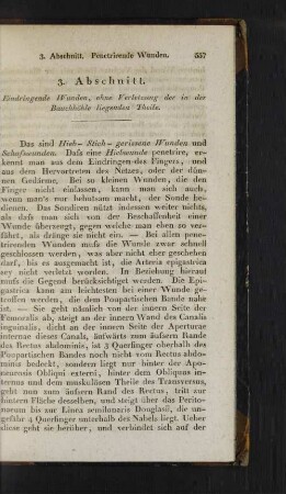 3. Abschnitt. Eindringende Wunden, ohne Verletzung der in der Bauchhöhle liegenden Theile.