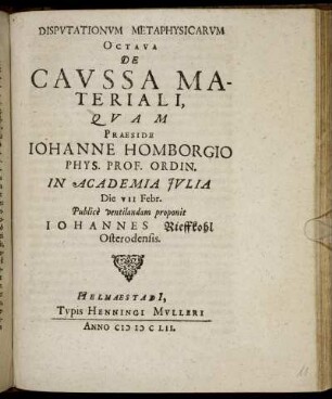 Disputationum Metaphysicarum Octava De Caussa Materiali