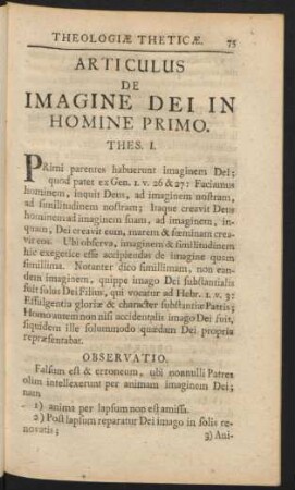Articulus De Imagine Dei In Homine Primo.