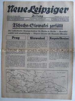Tageszeitung "Neue Leipziger Zeitung" u.a. zur Zerschlagung der Tschechoslowakei