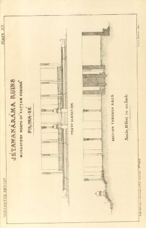 Plate XX. Jêtawanârâma ruins. Monastery north of "Kuttam Pokuna". Pilima-gé. Front elevation. Section through A. B. C. D.