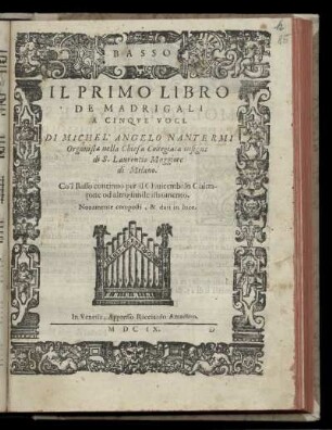 Michelangelo Nantermi: Il primo libro de madrigali a cinque voci ... Basso