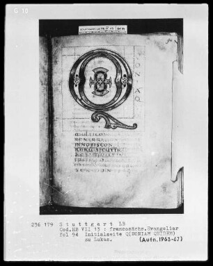 Francosächsisches Evangeliar — Initialseite Q(uoniam quidem), Folio 94recto
