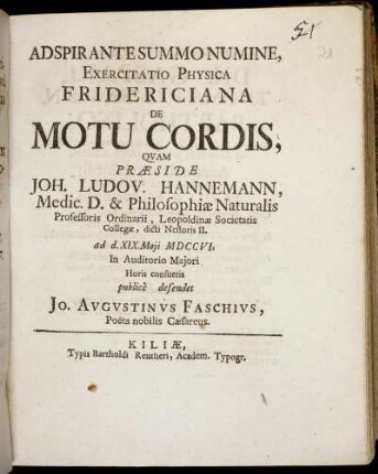 Adspirante Summo Numine, Exercitatio Physica Fridericiana De Motu Cordis
