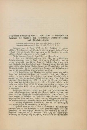 Allgemeine Verfügung vom 5. April 1893, - betreffend die Regelung der Gehälter der etatsmäßigen Subalternbeamten nach Dienstaltersstufen.